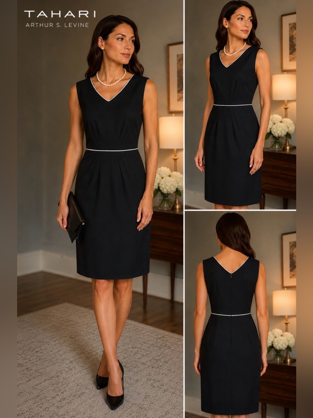 TAHARI Arthur S. Levine Little Black Sheath Dress NWT Sz 4 Dress w/ White Piping